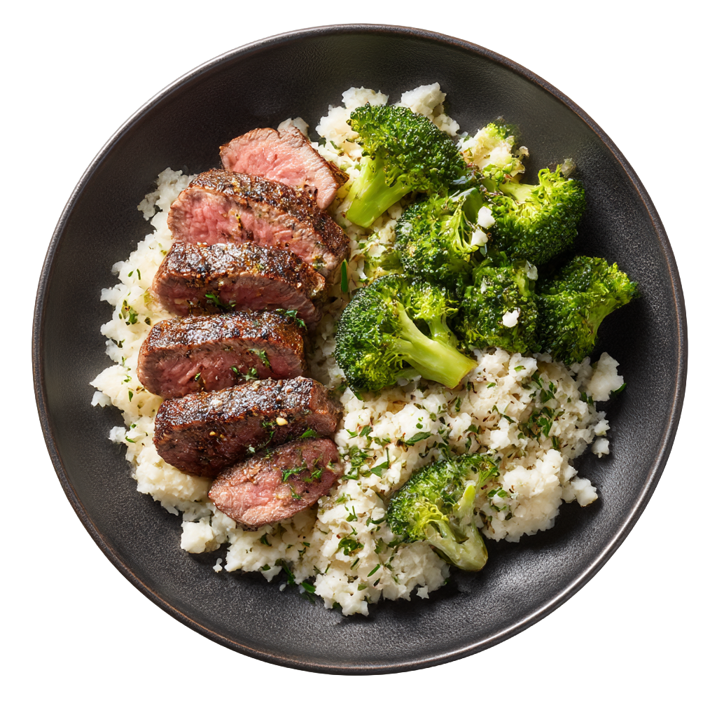 Steak + Cauliflower Rice + Broccoli